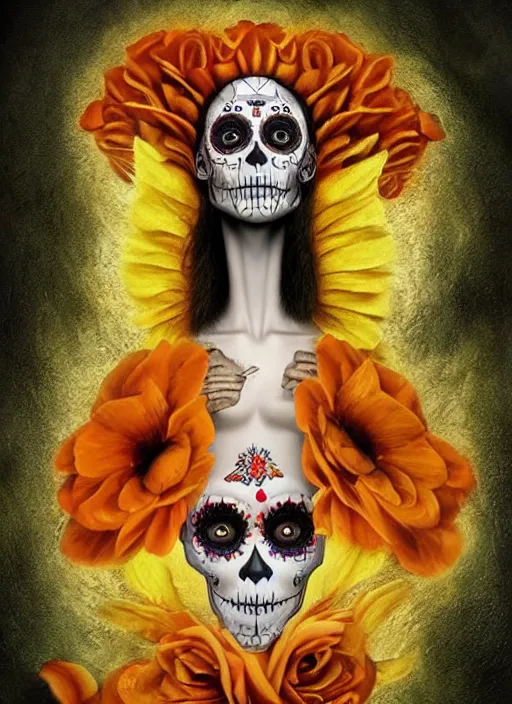 Prompt: dia de los muertos theme surrealist!!! art in the styles of igor morski, jim warren, and aida muluneh, intricate, hyperrealistic, accurate facial details, profile picture with chromakey!!!!! background, volumetric lighting