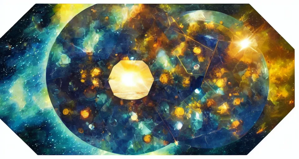 Prompt: hexagonal shield in space, blocking the sun, earth in the foreground, art deco painting