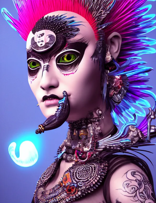 Image similar to 3 d goddess close - up profile portrait punk with mohawk with ram skull. beautiful intricately detailed japanese crow kitsune mask and clasical japanese kimono. betta fish, jellyfish phoenix, bio luminescent, plasma, ice, water, wind, creature, artwork by tooth wu and wlop and beeple and greg rutkowski