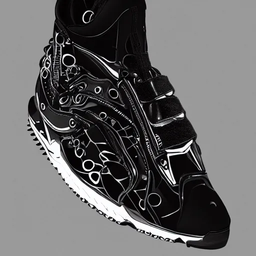 Image similar to detailed balenciaga sneakers design of a biomechanical lynx by subjekt zero