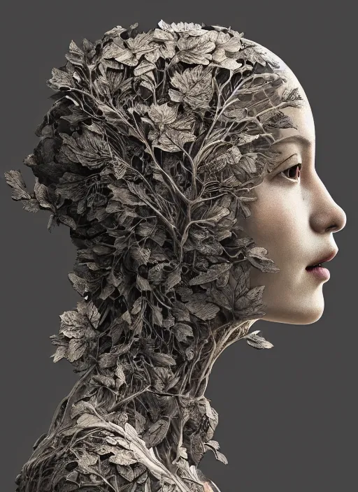 Image similar to a woman's face in profile, made of leaf skeletons, in the style of the Dutch masters and Gregory Crewdson, dark and moody intricate traditional Chinese textures, rococo decorations, hyper detail, Unreal engine,Octane render, by Karol Bak