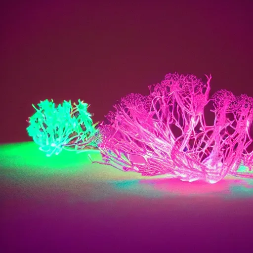 Image similar to neon fungi glowing with pink and cyan colors, emitting spores, midnight, fantasy, hyperrealistic, detailed, soft lighting, fireflies