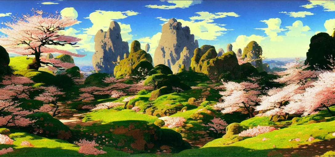 Image similar to ghibli illustrated background of a strikingly beautiful landform with strange rock formations and cherry blossoms by vasily polenov, eugene von guerard, ivan shishkin, albert edelfelt, john singer sargent, albert bierstadt 4 k