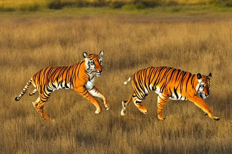 Prompt: two animals in a photo, an antelope and a tiger, the antelope is chasing the tiger, golden hour, 6 0 0 mm, wildlife photo, national geographics