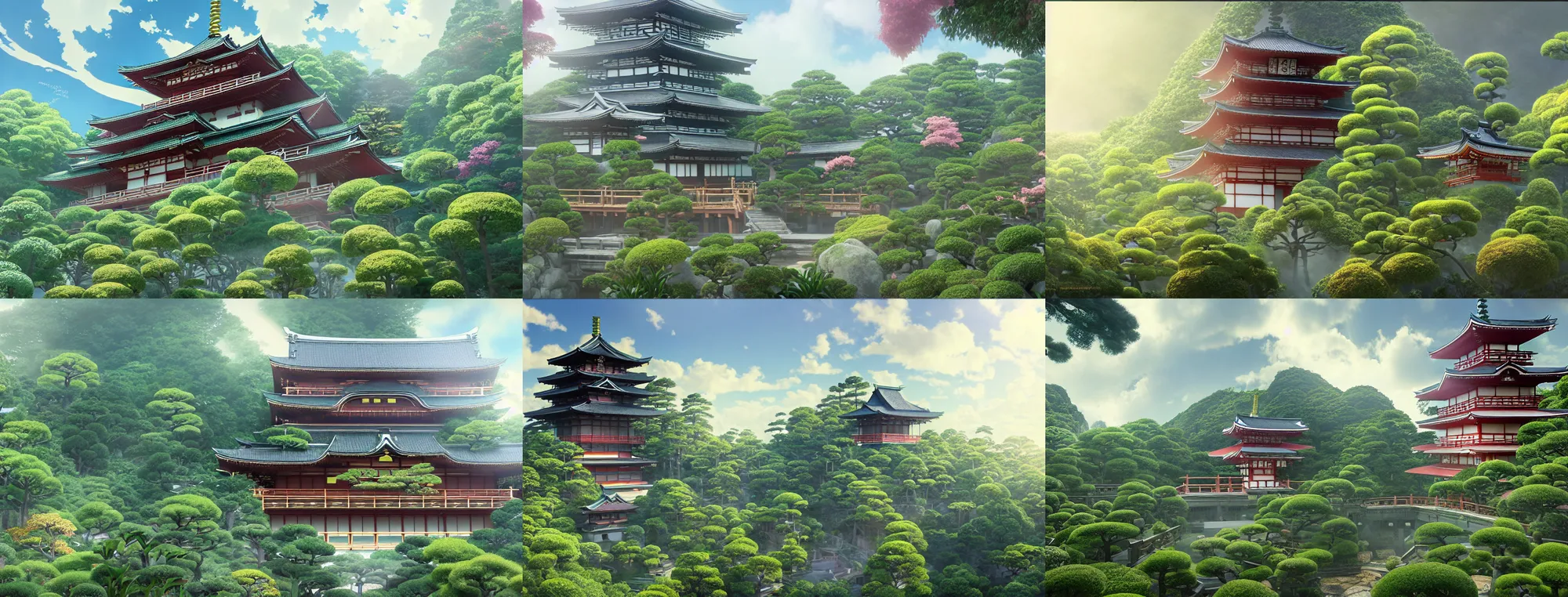 Prompt: misty clouds, japanese buddhist temple with lush plants and secret doors, hotel temple, magic chairlifts. hyper detailed, architectural concept, full building, dynamic angle, intricate, lineart, cerpuscular rays, lily flowers. by yoshitaka amano, alfons mucha and makoto shinkai. 8 k