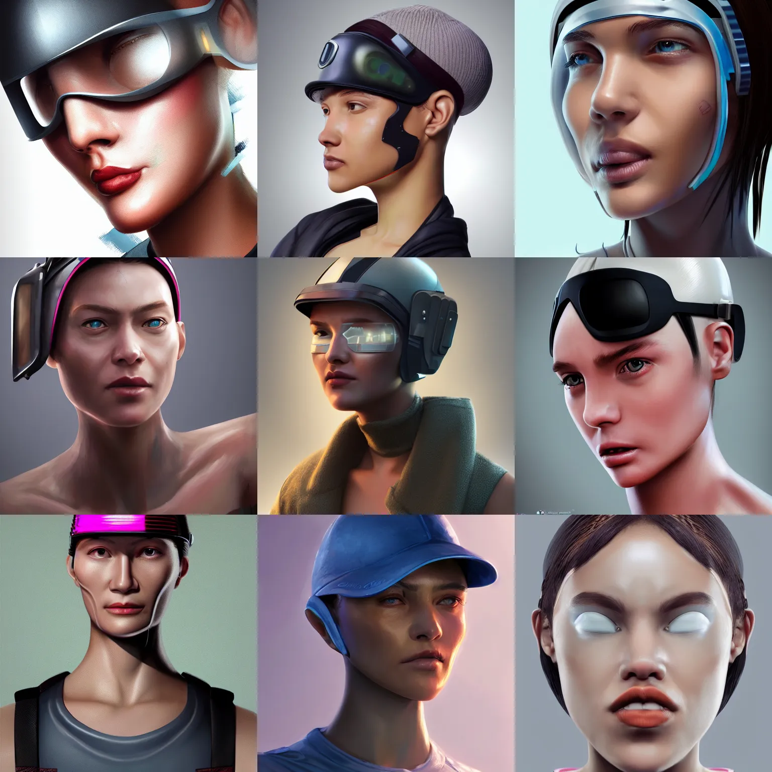 Prompt: character portrait of a woman with a realistically proportioned face wearing a cyberpunk visor, realistic skin tones, realistic face details, smooth, highly detailed portrait, digital painting, concept art, cgi, 3 d animation, painted texture maps, sharp focus, illustration, in the style of studio fortiche