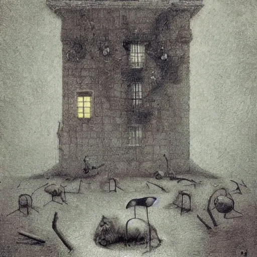 Prompt: the moon is shining forever over the garden and the animals have turned violent and strange, by Odd Nerdrum, by M.C. Escher, by Santiago Caruso, beautiful, eerie, surreal, colorful