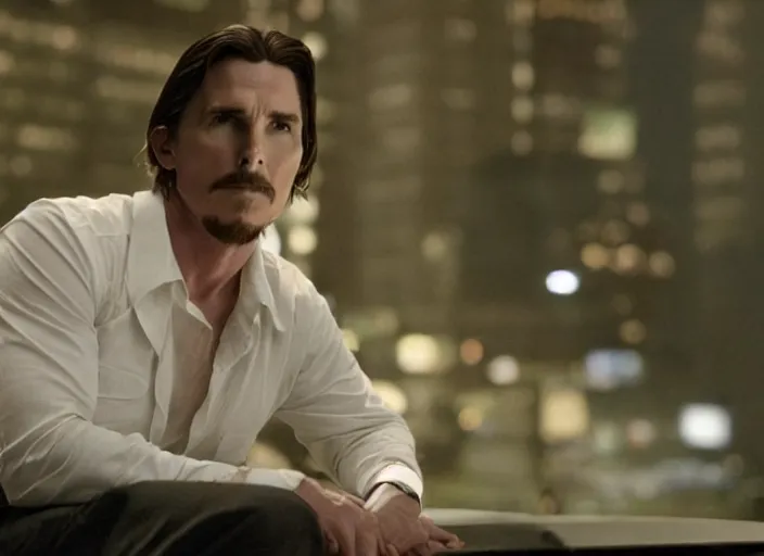 Image similar to film still of Christian Bale as Cobb with the world bending in the background in Inception, 4k