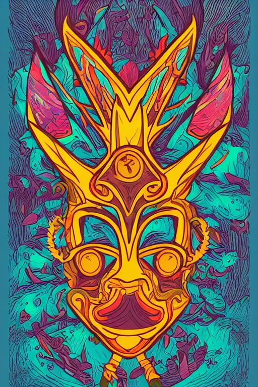 Image similar to animal mask totem roots flower tribal feather gemstone plant wood rock shaman vodoo video game vector cutout illustration vivid multicolor borderlands comics by josan gonzales and dan mumford radiating a glowing aura