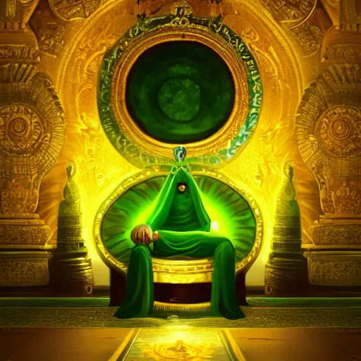 Image similar to a green avocado armchair in the center of golden ancient temple, illuminated by narrow light beam , fantasy illustration, trending on artstation, deviantart, very realistic, 4k