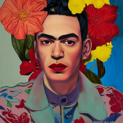 Prompt: detailed oil painting of matgot robbie in detail with flowers by james jean, by andy warhol, by frida kahlo