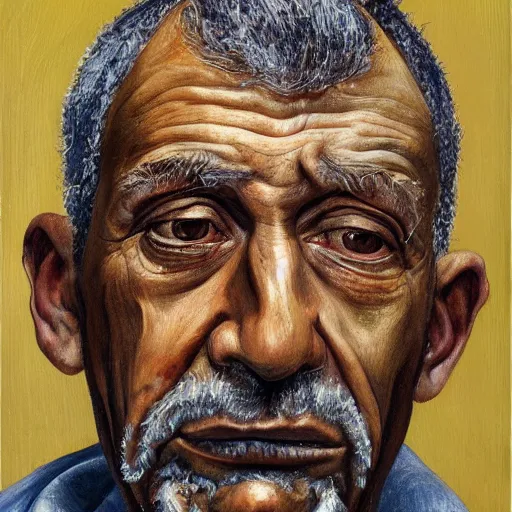 Prompt: high quality high detail painting by lucian freud, hd, portrait of an older man, worried, sad, handsome face, brown skin, short white beard, a tear falls from his right eye, photorealistic lighting