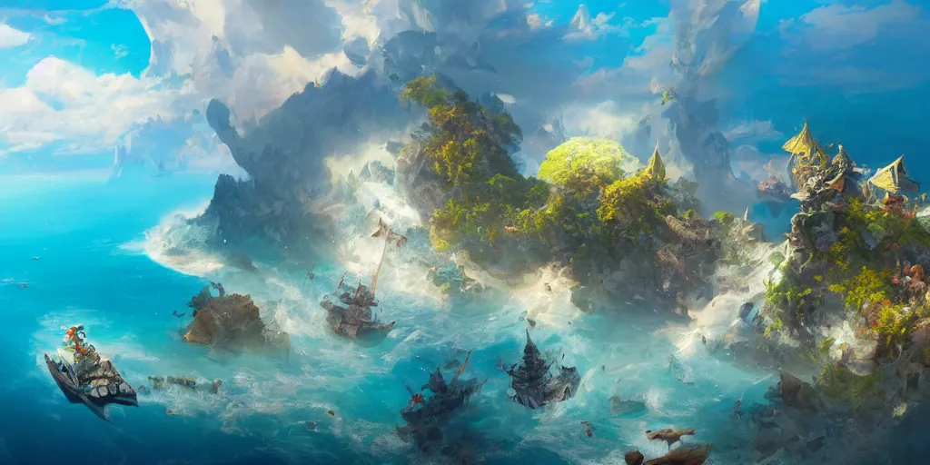 Image similar to Floating fantasy island over a blue ocean, Darek Zabrocki, Karlkka, Jayison Devadas, Phuoc Quan, trending on Artstation, 8K, ultra wide angle, pincushion lens effect