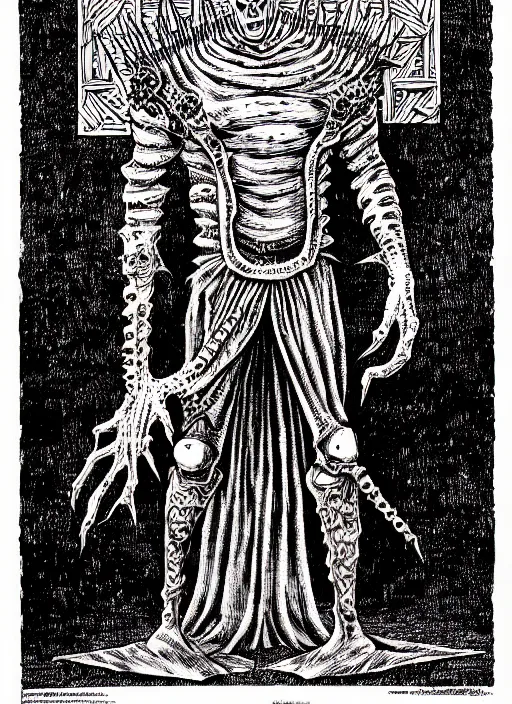 Image similar to the cenobite pinhead as a d & d monster, pen - and - ink illustration, etching, by russ nicholson, david a trampier, larry elmore, 1 9 8 1, hq scan, intricate details, high contrast