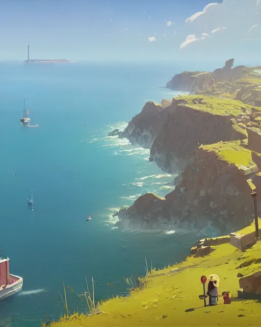 Image similar to painting of guernsey channel islands, detailed, by simon stalenhag, cory loftis, james gilleard, atey ghailan, makoto shinkai, goro fujita, studio ghibli, rim light, exquisite lighting, clear focus, very coherent, plain background, soft painting