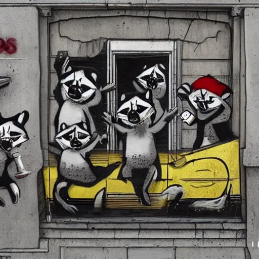 Image similar to a gang of raccoons destroying the city in the style of banksy, trending on ArtStation