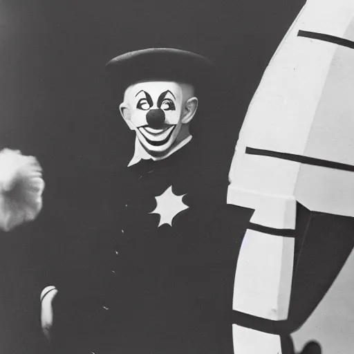 Image similar to old black and white photograph of francisco franco dressed as a clown getting off a spaceship