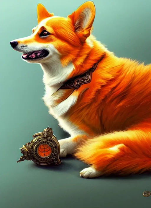 Image similar to an orange corgi being lazy, fantasy, intricate, elegant, hyper detailed, ultra definition, photoreal, artstation, unreal engine rendered, concept art, smooth, sharp focus, illustration, art by artgerm and greg rutkowski and alphonse mucha and garis edelweiss