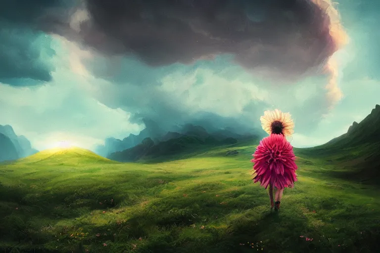 Image similar to giant dahlia flower over head, girl walking on mountain, surreal photography, stars, dramatic light, impressionist painting, storm clouds, digital painting, artstation, simon stalenhag