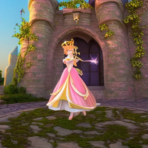 Image similar to a pleasant, beautiful, funny, smooth 3D CG render, semirealistic anime style, a noble priestess magician princess girl wearing dress and jewelry, in a glorious magic kingdom with castle and walls, relaxing calm vibes, fairytale