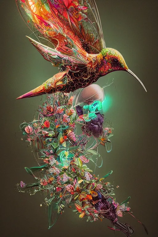 Prompt: detailed digital biopunk biomechanical hummingbird sipping nectar from retrofuturistic iridium flowers, cinematic lightning, 8 k, artgerm, bagshaw, rutkowski, carne griffiths, ayami kojima, beksinski, trending cgsociety deviantart, minimalism