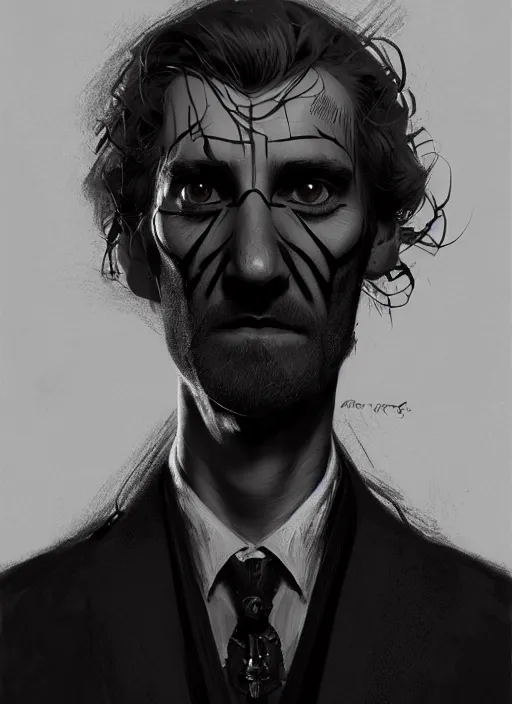 Image similar to portrait of a gaelic man with a crooked nose and a confident expression, 1 9 6 0 s, black clothes, goth, punk, funk, intricate, elegant, highly detailed, digital painting, artstation, concept art, smooth, sharp focus, illustration, art by wlop, mars ravelo and greg rutkowski