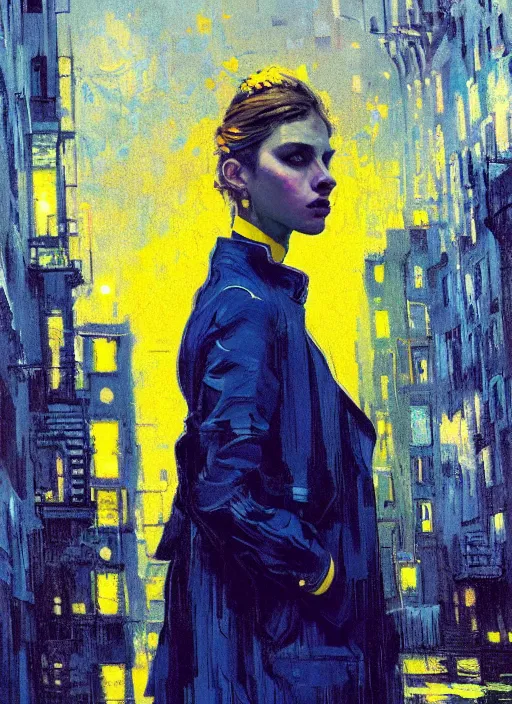 Prompt: portrait of a beautiful girl, new york backdrop, sad, shades of blue and yellow, beautiful face, rule of thirds, intricate outfit, spotlight, by greg rutkowski, by jeremy mann, by francoise nielly, by van gogh, digital painting