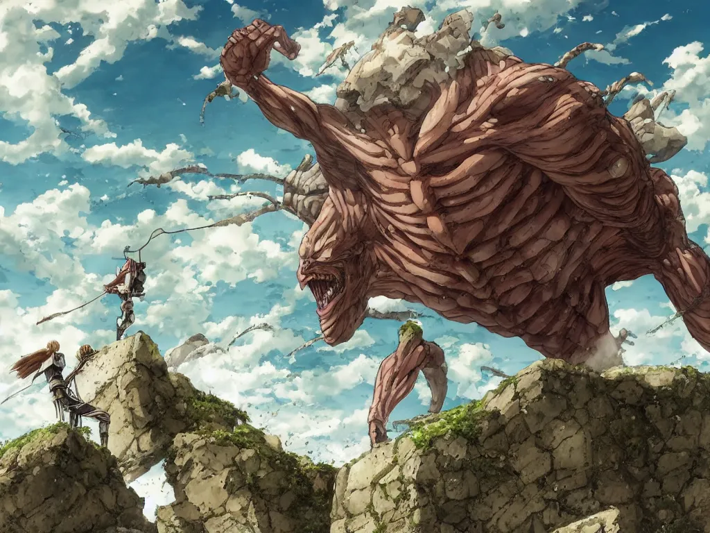 Prompt: a beautiful illustration of the beastly titan from attack on titan throwing rocks on top of a ruined tower next to a huge wall by hajime isayama and akira toriyama, anime manga,