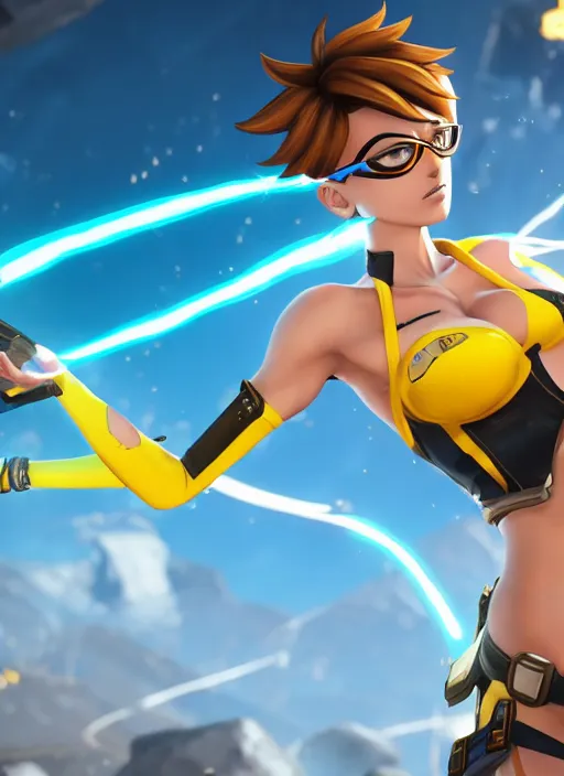 Image similar to tracer game character, in yellow bikini, blonde hair, black eyes, full height