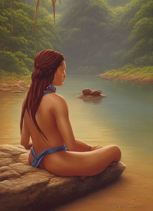 Image similar to an indigenous woman meditating near a river in the amazon jungle, art by christophe vacher