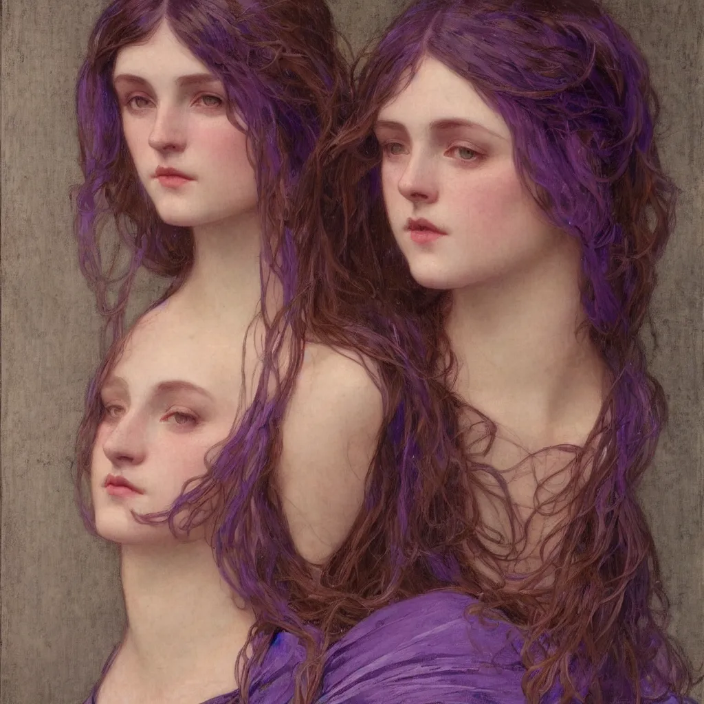 Image similar to purple, character portrait of purple, by waterhouse, by mucha, lean face, symmetrical face, face symmetry, cinematic lighting, beautiful, elegant, oil painting, cinematic, portrait, raphaelite, trending on artstation, intricate background