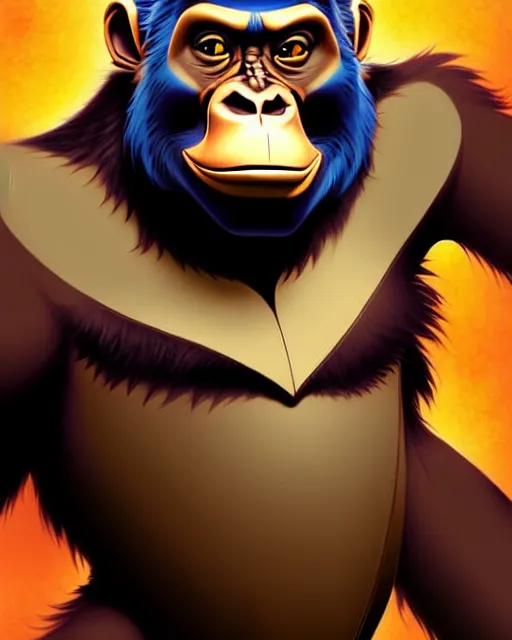 Image similar to don bluth, loish, artgerm, joshua middleton, steampunk, clockpunk anthropomorphic gorilla, brown suit, smiling, symmetrical eyes symmetrical face, colorful animation forest background