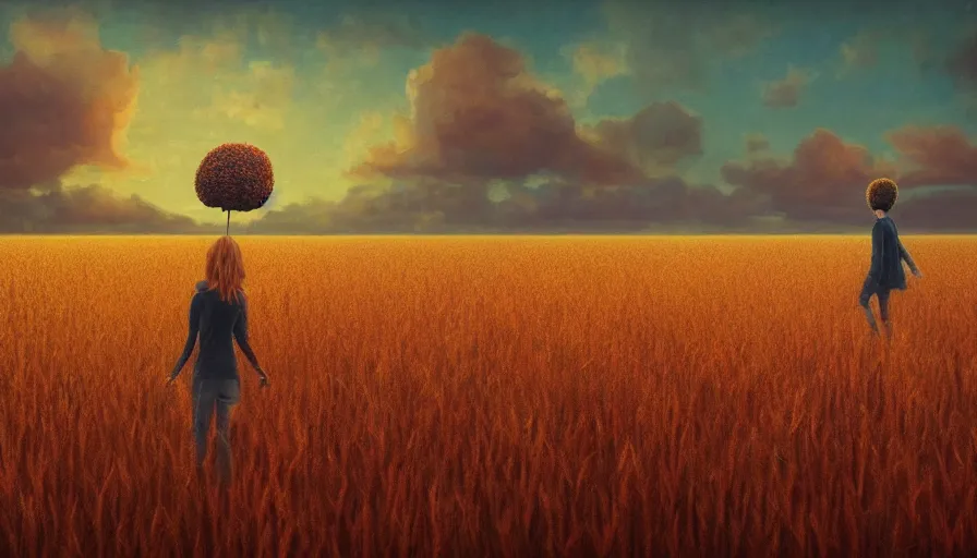 Image similar to giant red carnation afro head, full body, full body, girl walking through empty wheat field, surreal photography, forest background, sunrise dramatic light, impressionist painting, colorful clouds, digital painting, pointillism, artstation, simon stalenhag