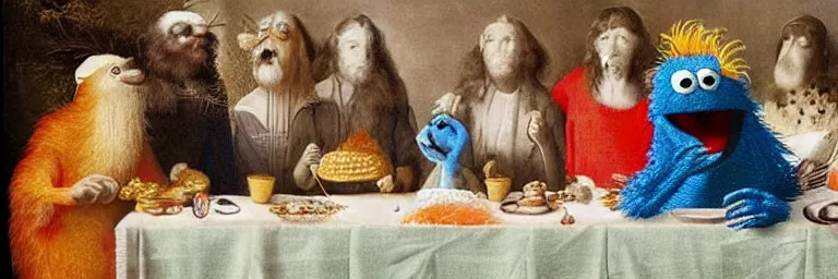 Prompt: the last supper on sesame street and cookie monster and big bird and oscar and muppet and jesus. art by hieronymus bosch, colorful, fine detail