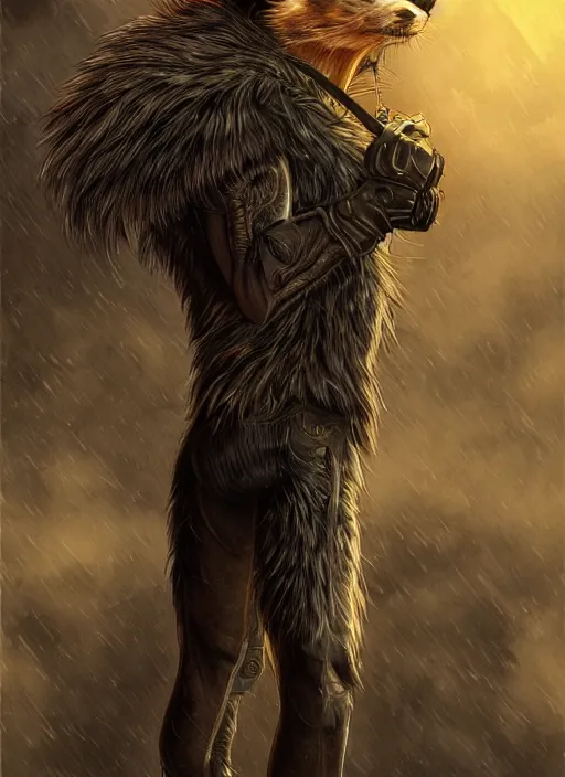 Image similar to aesthetic portrait commission of a of a male fully furry anthro ( animal ) with a tail and a beautiful attractive hyperdetailed face wearing wearing a outfit in a sci - fi dystopian city at golden hour while it storms in the background. character design by dayer, diego 5, detailed, inked, western comic book art, award winning film poster painting