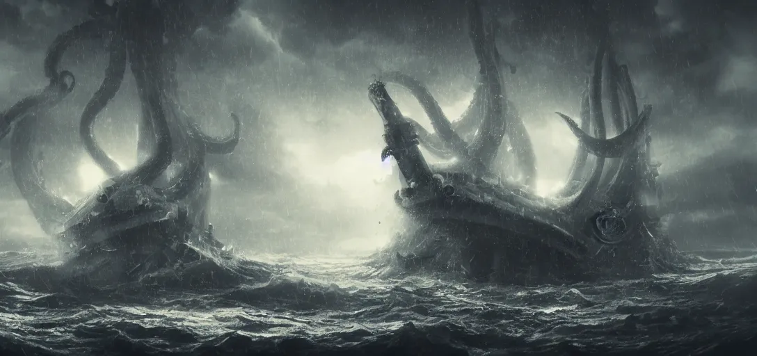 Image similar to one single ship gets eaten by giant kraken, tentacle, rainy night, dramatic lighting, cinematic, establishing shot, extremly high detail, foto realistic, cinematic lighting, post processed, concept art, artstation, matte painting