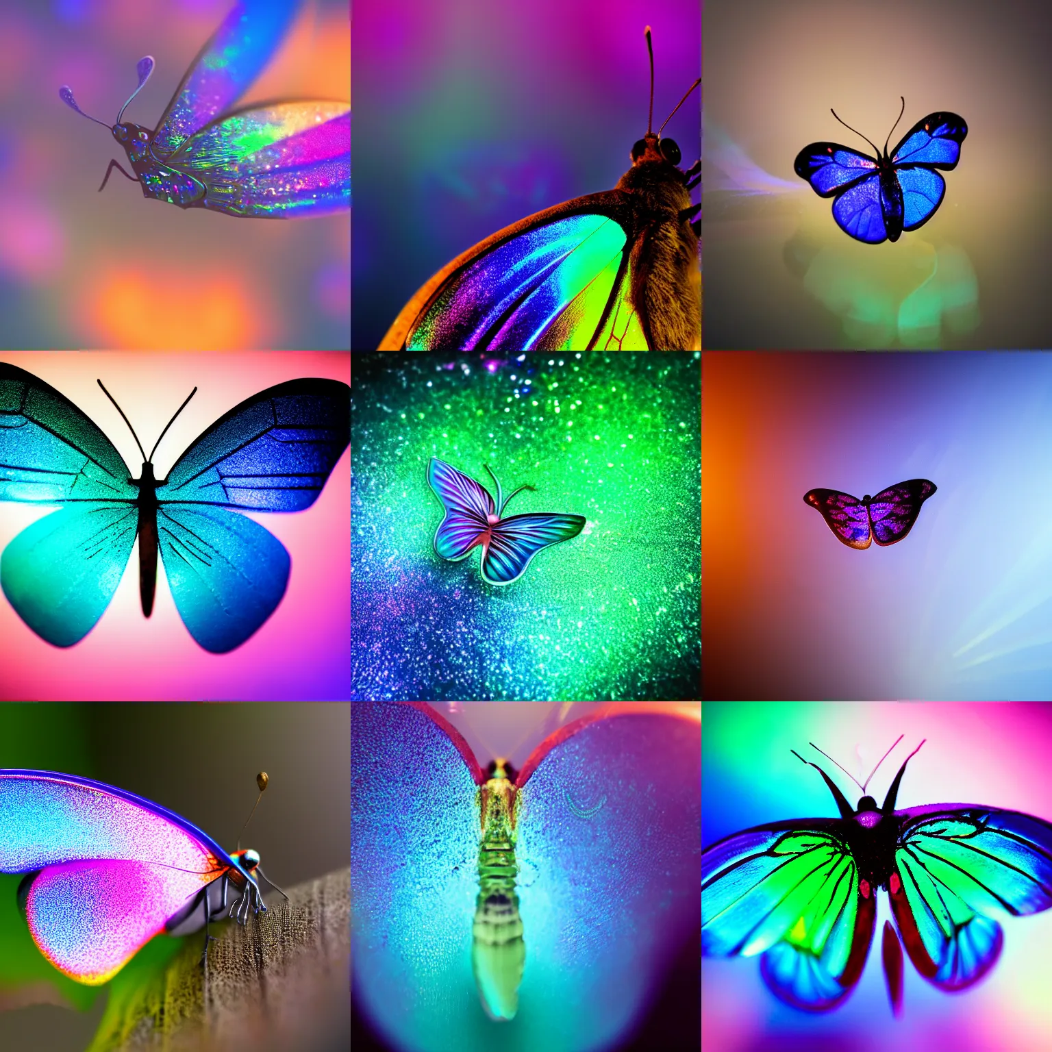 Prompt: extremely close up of an iridescent glowing butterfly, depth of field, bokeh, magical, glowing fog, trending on artstation