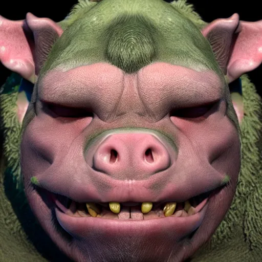 Prompt: An orc-pig smiling into the camera, portrait, artstation, realistic, highly detailed, bokeh, by Alex Flores