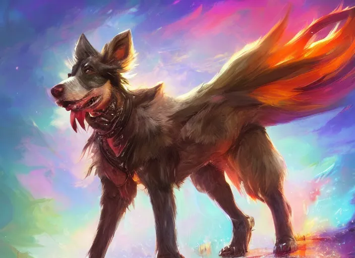 Image similar to wide angle beautiful full body portrait of a cute male anthropomorphic anthro border collie fursona wearing a barbarian outfit in a rainbow, character design by charlie bowater, henry asencio, and ross tran, disney, scenic background, detailed, glamor pose, aesthetic, trending on artstation, furaffinity, deviantart