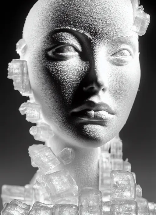 Image similar to a young female cyborg bust made of ice and smoke and wind, dramatic, ilford hp 5, closeup - view, f / 2. 8, high contrast, 1 6 k, fluorescent lamp, contre - jour, insanely detailed and intricate, hypermaximalist, elegant, ornate, hyper realistic, super detailed