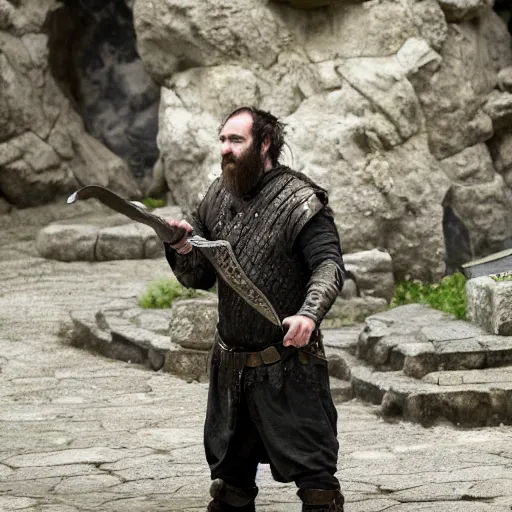 Image similar to Rory McCann as Logen Ninefingers, photo, wielding a sword and shield