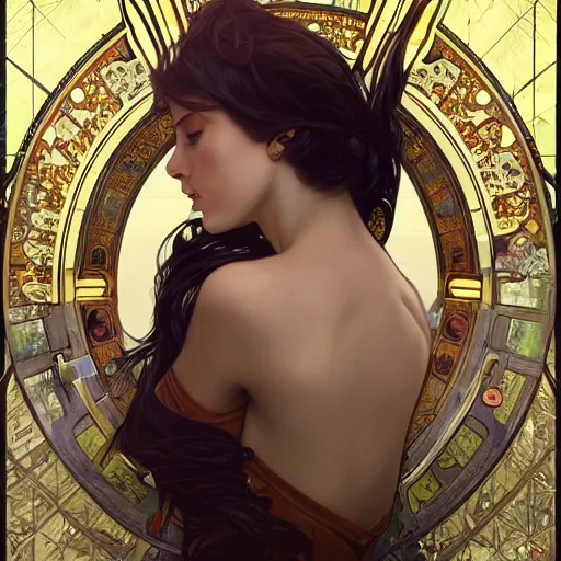 Image similar to a photograpic portrait of a pretty woman, spacepunk, fantasy, intricate, elegant, highly detailed, digital painting, artstation, concept art, smooth, sharp focus, illustration, art by artgerm and H R Giger and alphonse mucha