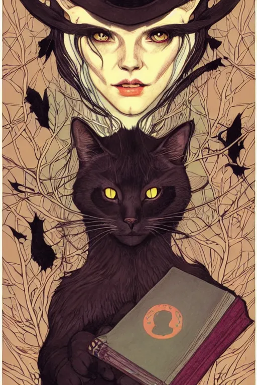 Prompt: concept art design illustration, forest, cat, witch, fantasy book cover illustration!!, 1 6 colors, logo, ink drawing, art by jc leyendecker and sachin teng