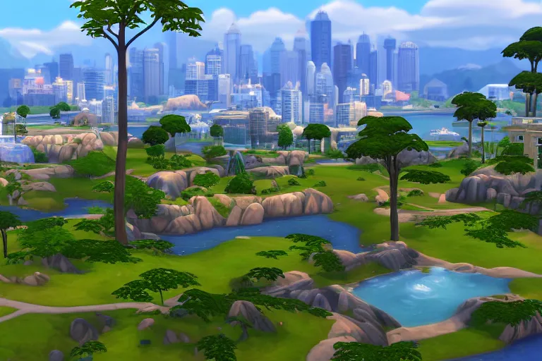 Prompt: serene landscape with a city on the Background in the style of Sims 4