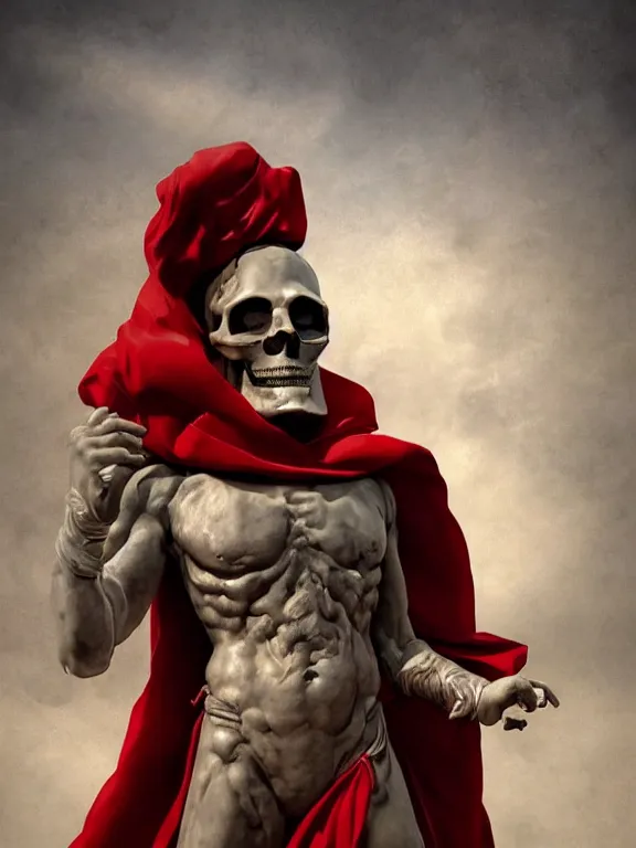Prompt: a man in the form of a Greek sculpture with a mask in the form of a skull, dressed in a beautiful red cloak, stands in the pose of a super hero on a golden stone, full-length view. baroque element. intricate artwork by caravaggio, phil hale, Roberto Ferri. Trending on artstation. halo. octane render, cinematic, hyper realism, octane render, 8k, depth of field, bokeh. iridescent accents. vibrant. teal and gold and red colour scheme