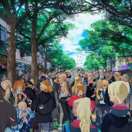 Image similar to blonde - haired princess, anime princess, wearing black jacket and white leggings, looking through crowd, town street, festival street, trees, green trees, blue lighting, blue sunshine, strong lighting, strong shadows, vivid hues, ultra - realistic, sharp details, subsurface scattering, intricate details, hd anime, 2 0 1 9 anime