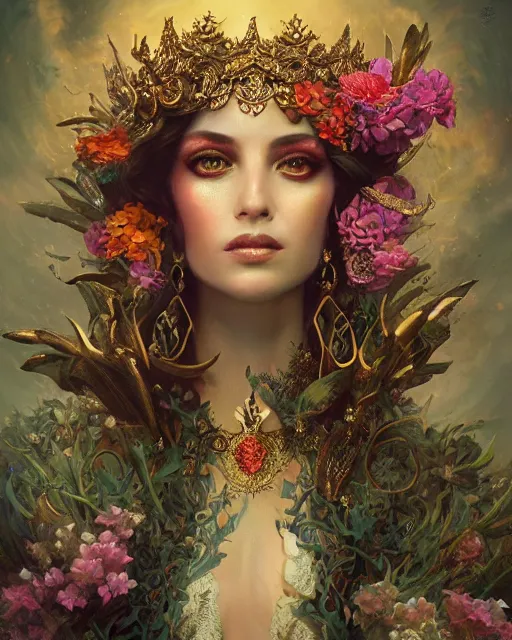 Image similar to portrait of the arabic queen of the underworld, surrounded by flowers by karol bak, james jean, tom bagshaw, rococo, sharp focus, trending on artstation, cinematic lighting, hyper realism, octane render, 8 k, hyper detailed.