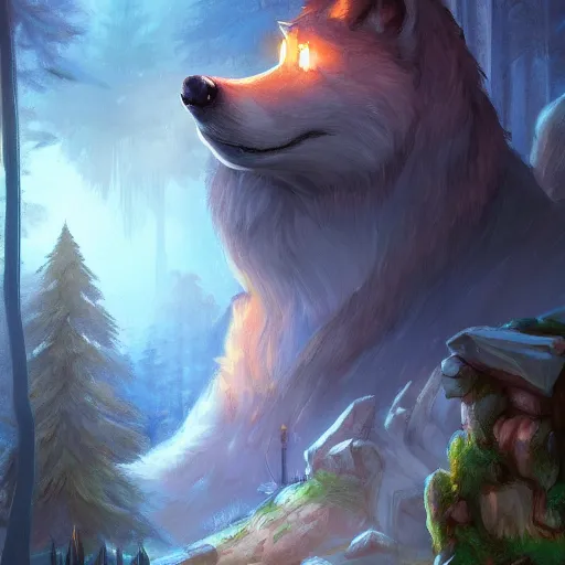 Prompt: a cartoonish big wolf is inside the chimney of a house in a mystical forest full of wonders, warm lighting, magical atmosphere, trending on artstation, 30mm, by Noah Bradley trending on ArtStation, deviantart, high detail, stylized portrait