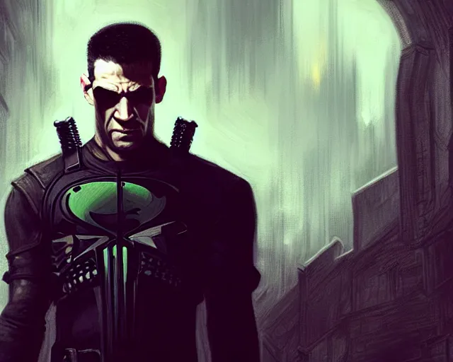 Image similar to a gaming screenshot still portrait of the punisher in the matrix, deep focus, d & d, fantasy, intricate, elegant, highly detailed, digital painting, artstation, concept art, matte, sharp focus, illustration, dark fantasy style art, hearthstone, art by artgerm and greg rutkowski and alphonse mucha