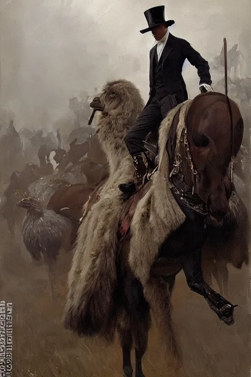 Image similar to portrait of a respectable dignified royal business elite politician wearing a top hat and coat tails riding on an emu, art by anders zorn, wonderful masterpiece by greg rutkowski, beautiful cinematic light, american romanticism by greg manchess, jessica rossier